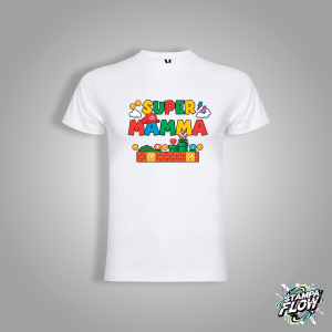 T-SHIRT FESTA DELLA MAMMA "SUPER MAMMA" RETRO GAMING BIANCA